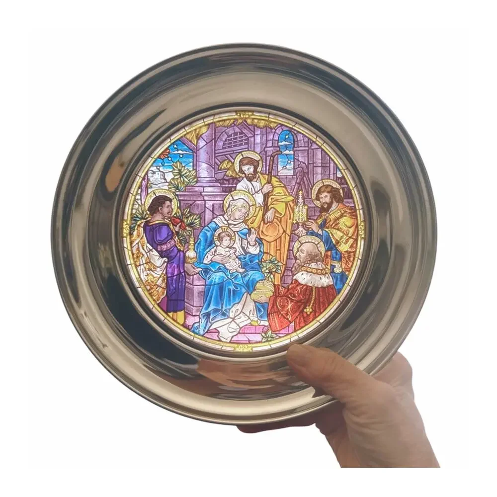 Vintage Hand Made Stained Glass Pewter Nativity Plate